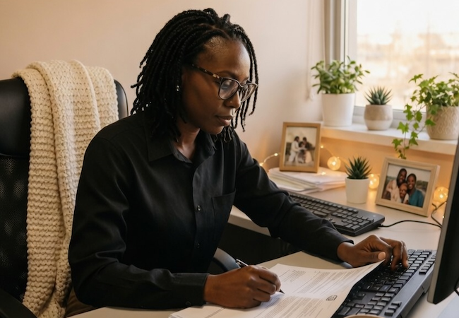 Woman working on SBA paperwork at her desk.