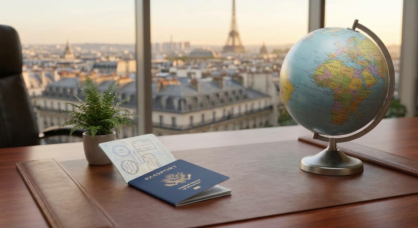 U.S. passport and globe on a desk overlooking Paris, illustrating filing bankruptcy while living abroad